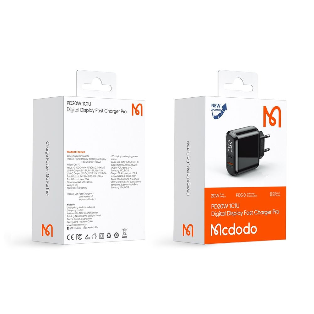 McDodo CH-7170 Chocolate Display nettverkslader, 20W, 3A, 1 x USB-A - 1 x USB-C, Svart