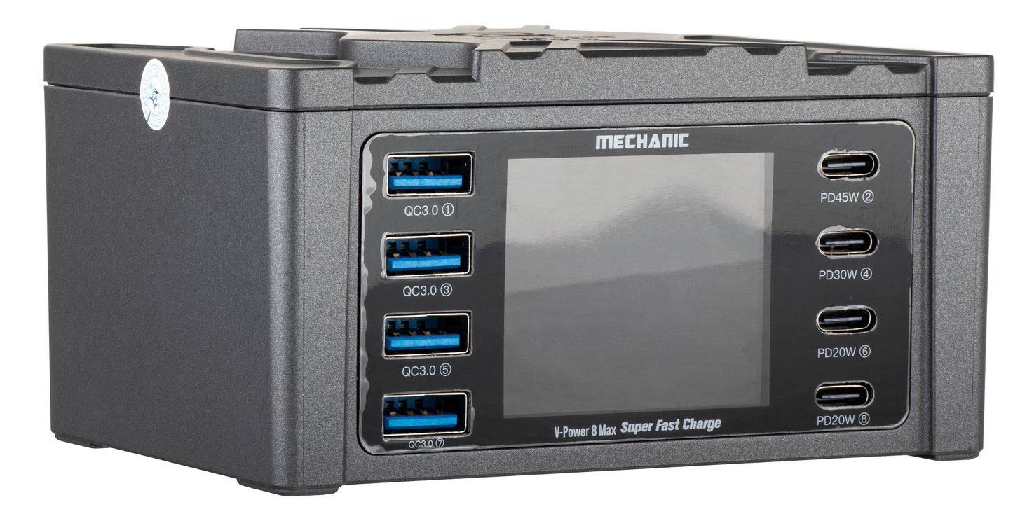 Ladestasjon Mechanic V-Power Max med Display, 115W, 3A, 4 x USB-A - 4 x USB-C, Svart