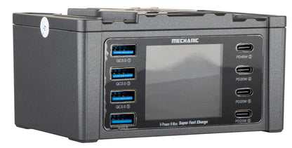 Ladestasjon Mechanic V-Power Max med Display, 115W, 3A, 4 x USB-A - 4 x USB-C, Svart