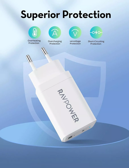 RavPower RP-PC171 nettadapter, 45W, 3A, 1 x USB-A - 1 x USB-C, hvit
