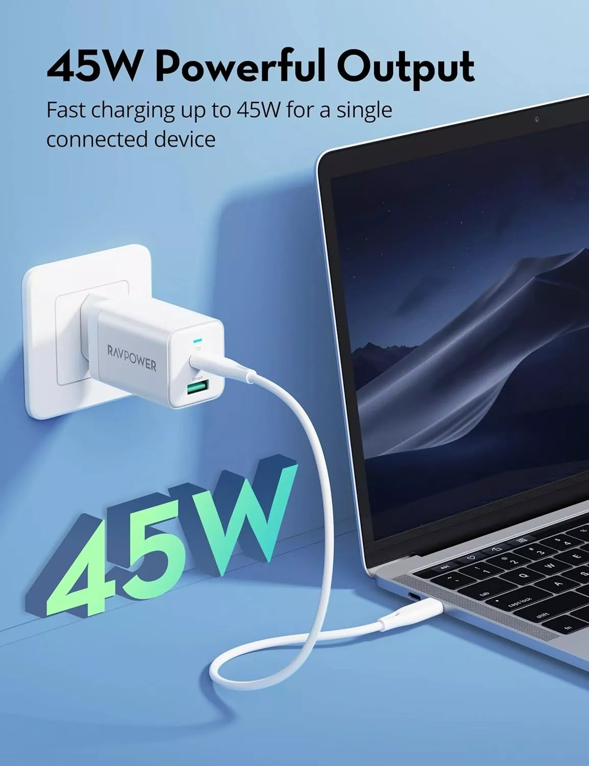 RavPower RP-PC171 nettadapter, 45W, 3A, 1 x USB-A - 1 x USB-C, hvit
