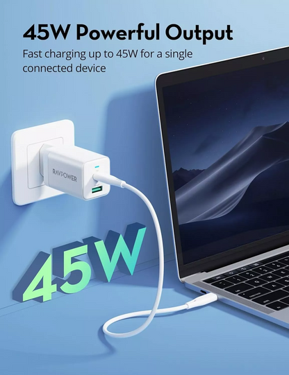 RavPower RP-PC171 nettadapter, 45W, 3A, 1 x USB-A - 1 x USB-C, hvit