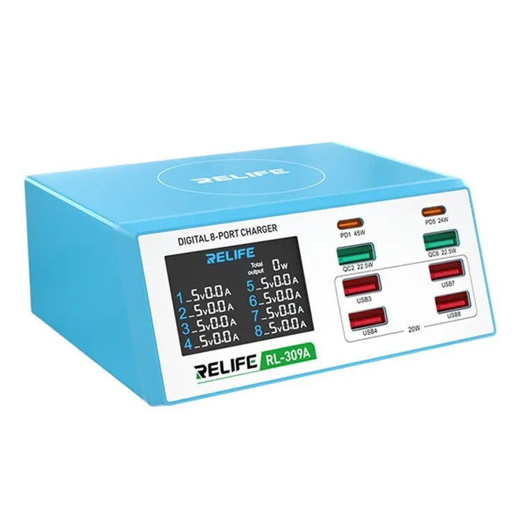 Ladestasjon Relife RL-309A, 100W, 4,5A, 2 x USB-C - 6 x USB-A, blå 