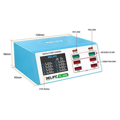 Ladestasjon Relife RL-309A, 100W, 4,5A, 2 x USB-C - 6 x USB-A, blå 