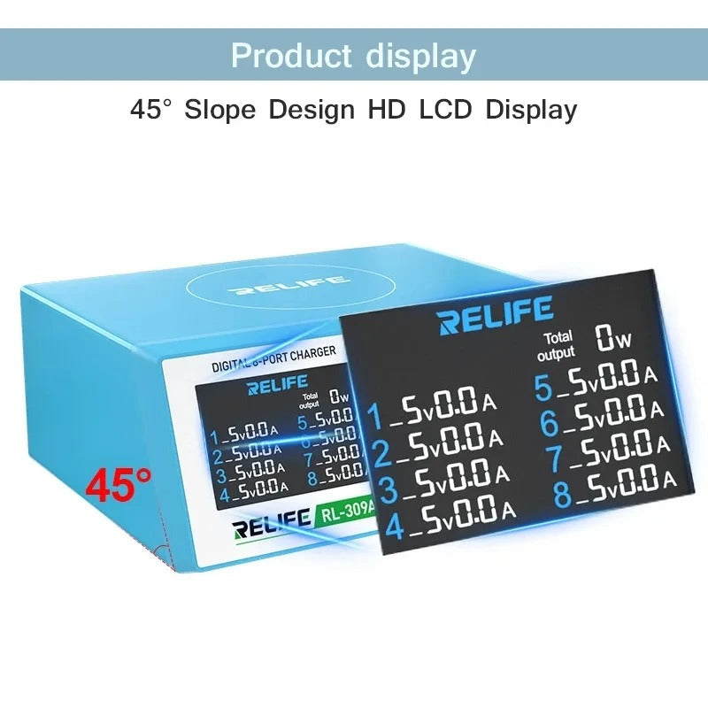 Ladestasjon Relife RL-309A, 100W, 4,5A, 2 x USB-C - 6 x USB-A, blå 