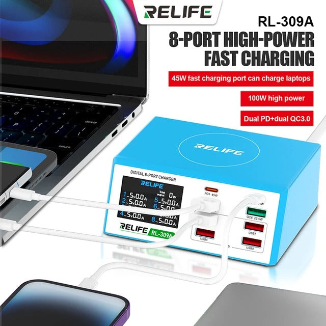 Ladestasjon Relife RL-309A, 100W, 4,5A, 2 x USB-C - 6 x USB-A, blå 
