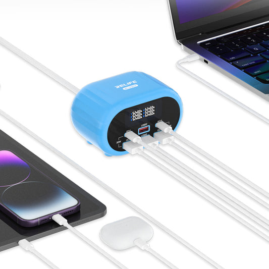 Relife RL-309U Ladestasjon, 72W, 5A, 2 x USB-C - 4 x USB-A, Blå