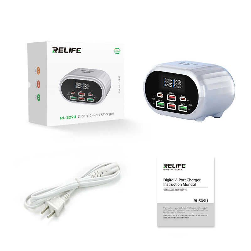Ladestasjon Relife RL-309U, 72W, 5A, 2 x USB-C - 4 x USB-A, Sølv 