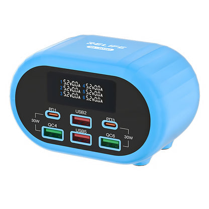 Relife RL-309U Ladestasjon, 72W, 5A, 2 x USB-C - 4 x USB-A, Blå