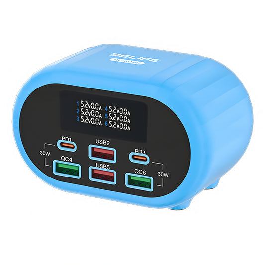 Relife RL-309U Ladestasjon, 72W, 5A, 2 x USB-C - 4 x USB-A, Blå