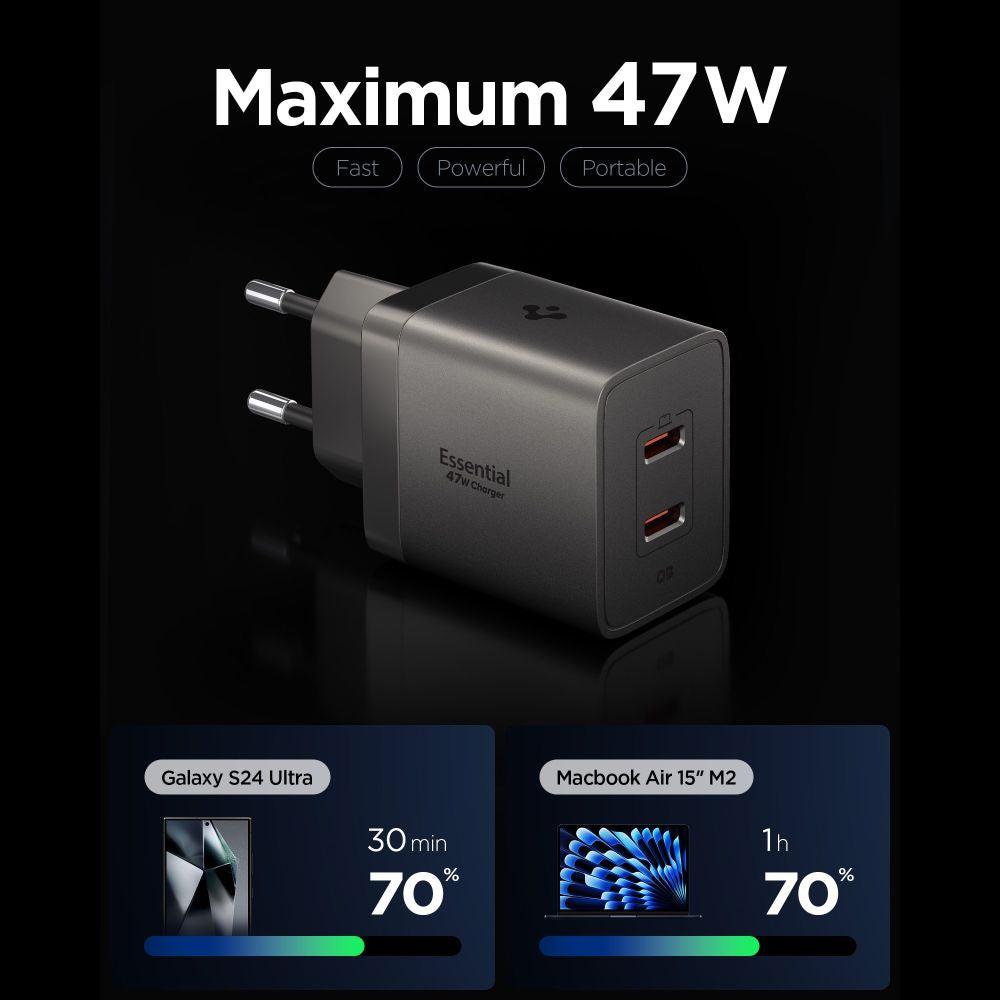 Spigen EE472EU Essential nettadapter, 47W, 3A, 2 x USB-C, grå ACH10450