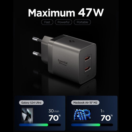 Spigen EE472EU Essential nettadapter, 47W, 3A, 2 x USB-C, grå ACH10450