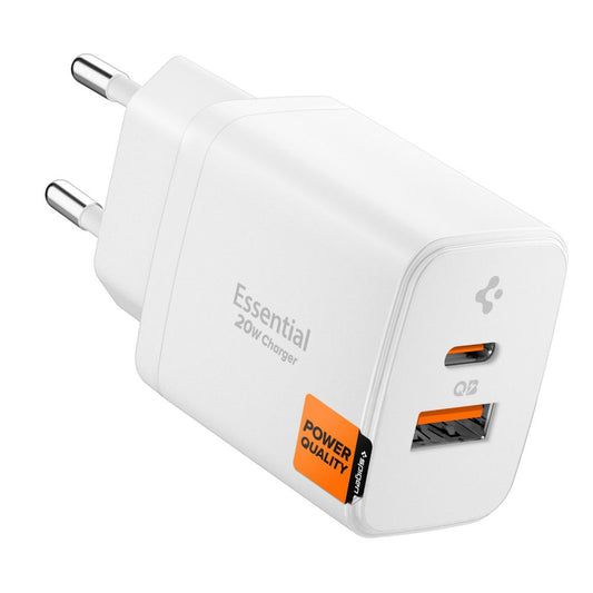 Spigen Essential Nettlader, 20W, 3A, 1 x USB-A - 1 x USB-C, Hvit