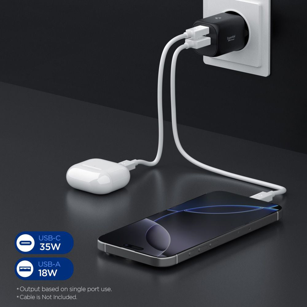 Spigen Essential Nettlader, 35W, 3A, 1 x USB-A - 1 x USB-C, Svart