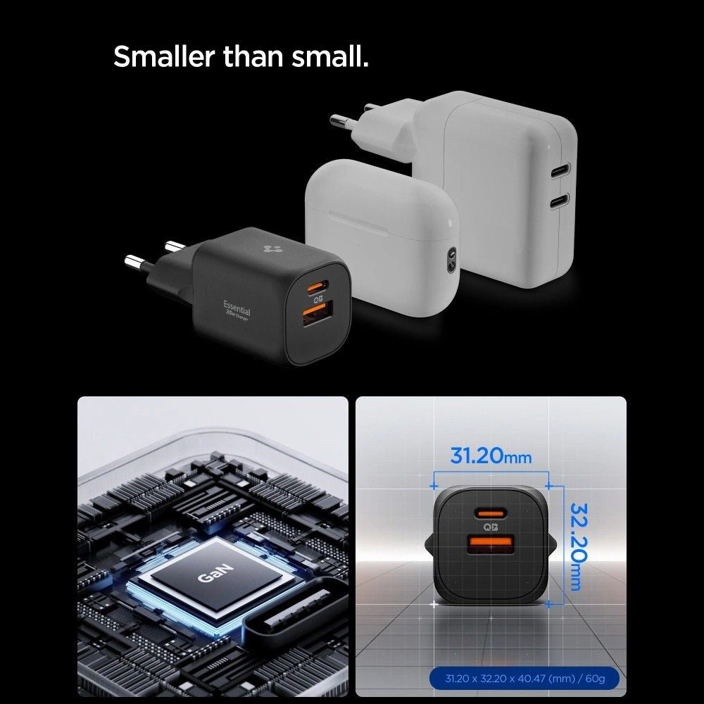 Spigen Essential Nettlader, 35W, 3A, 1 x USB-A - 1 x USB-C, Svart