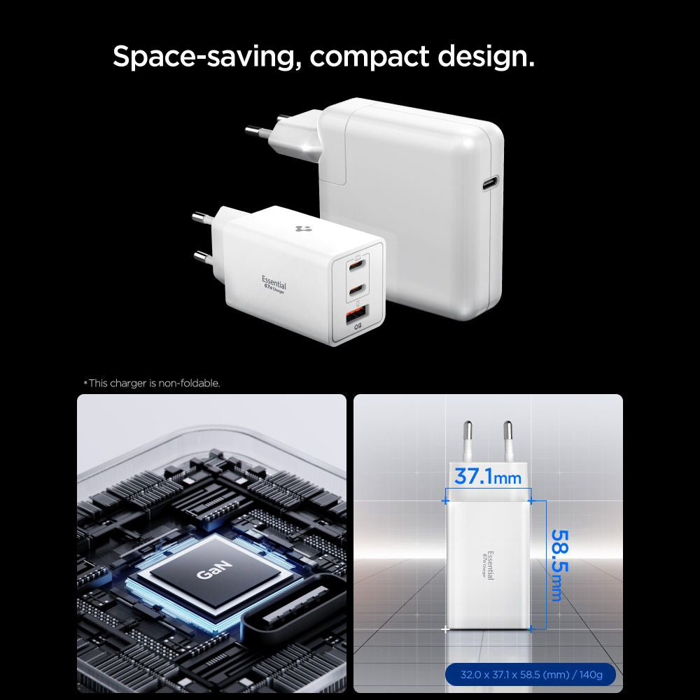 Spigen Essential Nettlader, 67W, 3.25A, 1 x USB-A - 2 x USB-C, Hvit ACH08710
