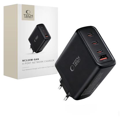 Nettlader Tech-Protect NC120W-GAN, 120W, 5A, 1 x USB-A - 3 x USB-C, Svart