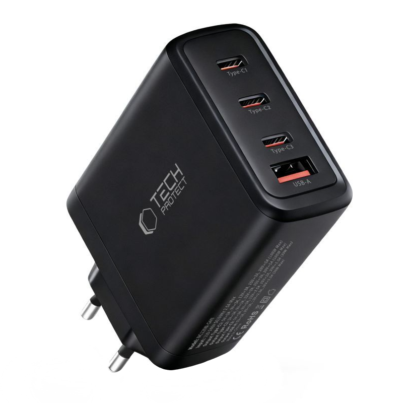 Nettlader Tech-Protect NC120W-GAN, 120W, 5A, 1 x USB-A - 3 x USB-C, Svart