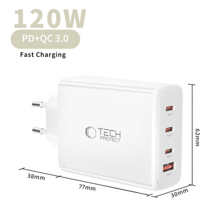Nettlader Tech-Protect NC120W-GAN, 120W, 5A, 1 x USB-A - 3 x USB-C, Hvit