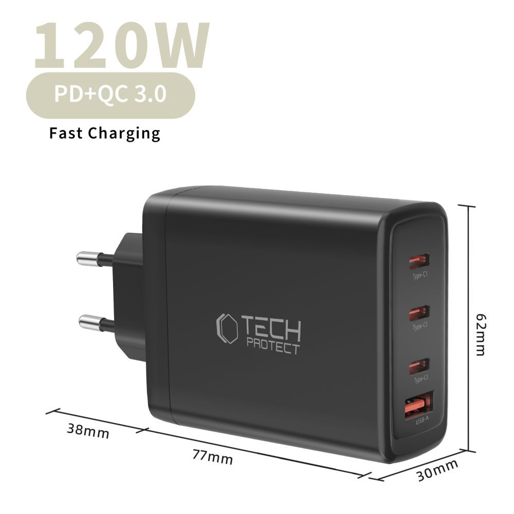 Nettlader Tech-Protect NC120W-GAN, 120W, 5A, 1 x USB-A - 3 x USB-C, Svart