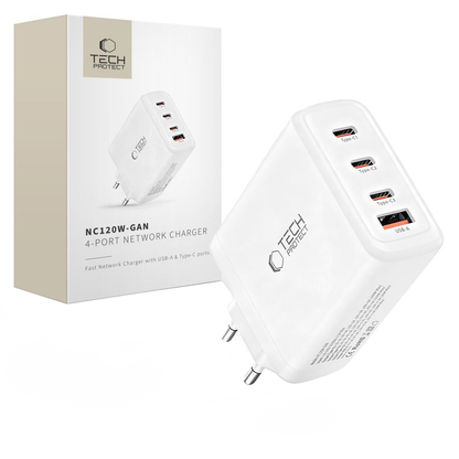 Nettlader Tech-Protect NC120W-GAN, 120W, 5A, 1 x USB-A - 3 x USB-C, Hvit
