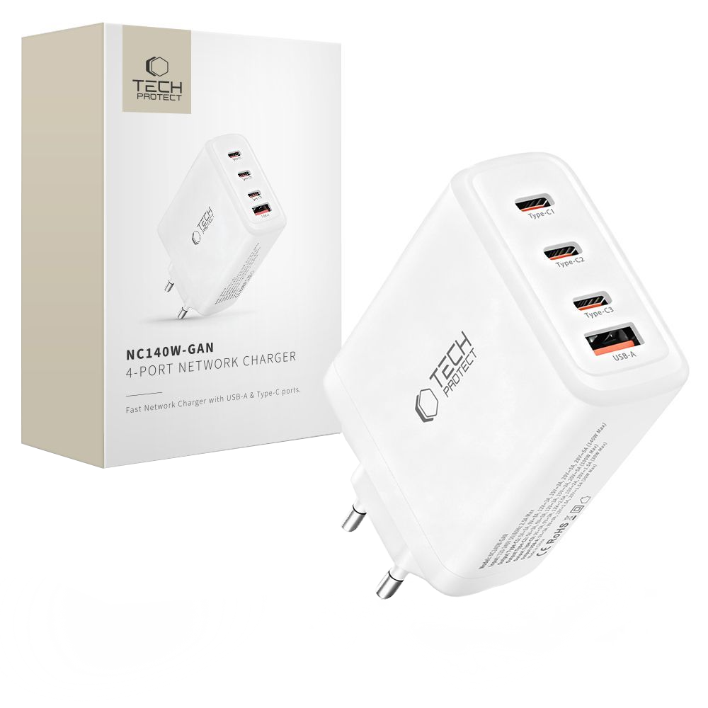 Nettlader Tech-Protect NC140W-GAN, 140W, 5A, 1 x USB-A - 3 x USB-C, Hvit
