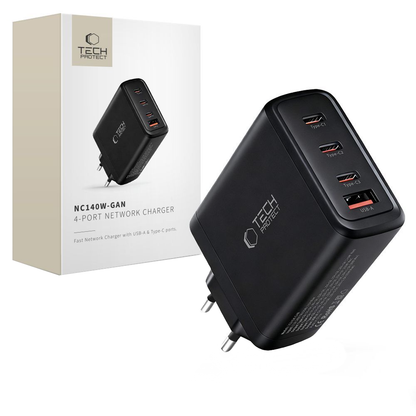 Nettlader Tech-Protect NC140W-GAN, 140W, 5A, 1 x USB-A - 3 x USB-C, Svart
