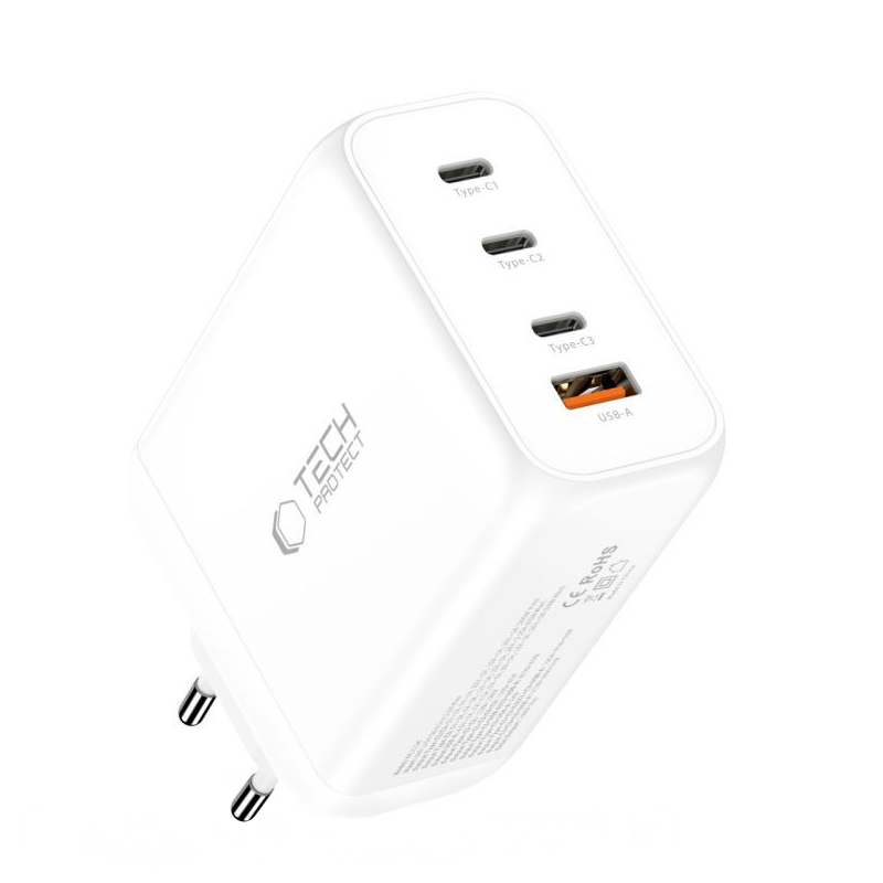 Nettlader Tech-Protect NC200W-GAN, 200W, 5A, 1 x USB-A - 3 x USB-C, Hvit