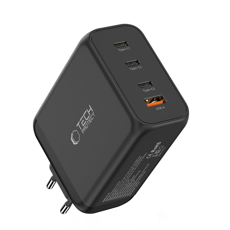 Nettlader Tech-Protect NC200W-GAN, 200W, 5A, 1 x USB-A - 3 x USB-C, Svart