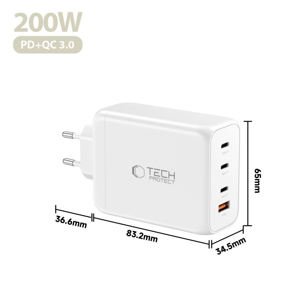 Nettlader Tech-Protect NC200W-GAN, 200W, 5A, 1 x USB-A - 3 x USB-C, Hvit