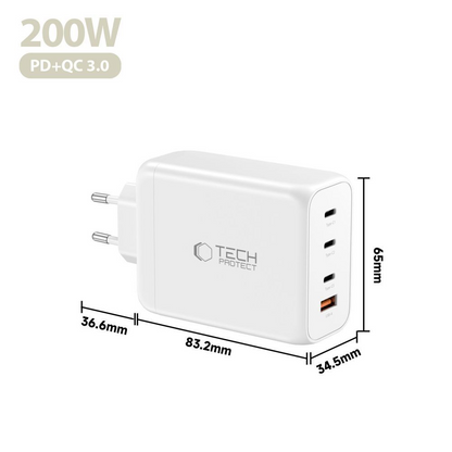 Nettlader Tech-Protect NC200W-GAN, 200W, 5A, 1 x USB-A - 3 x USB-C, Hvit
