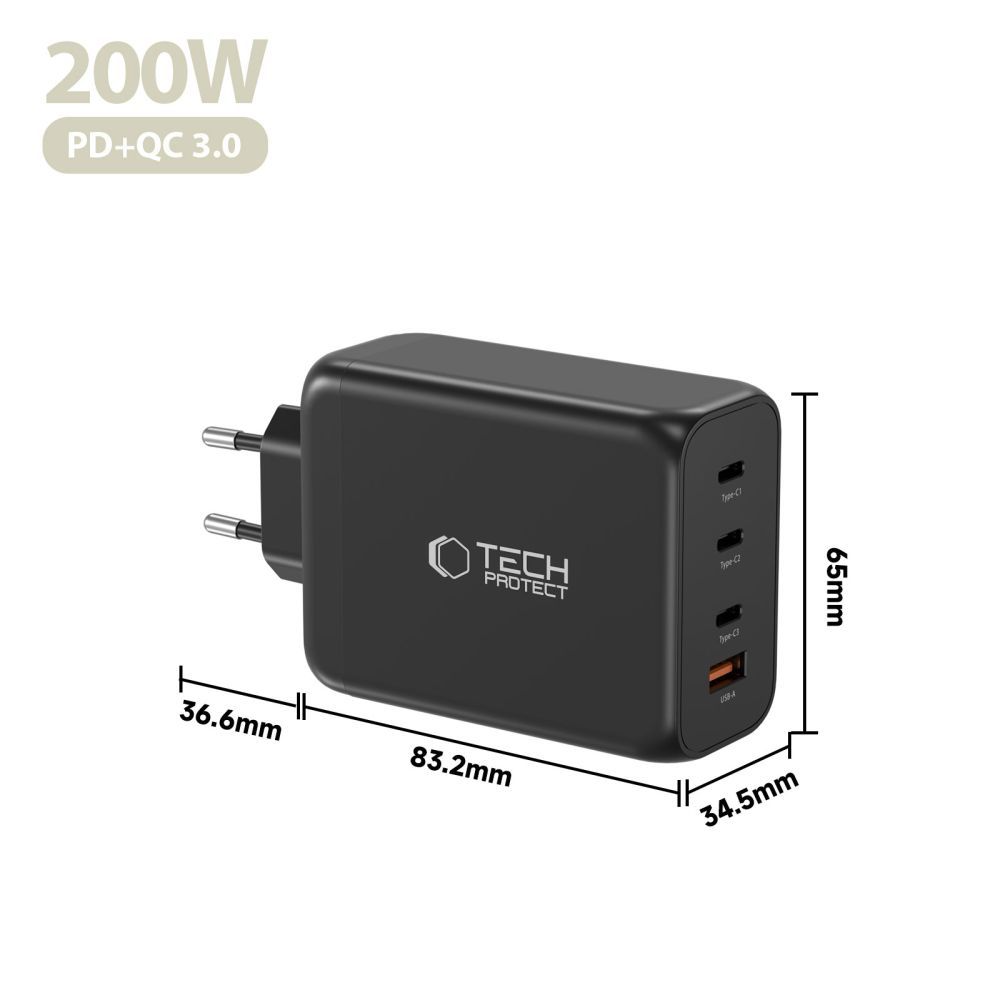 Nettlader Tech-Protect NC200W-GAN, 200W, 5A, 1 x USB-A - 3 x USB-C, Svart