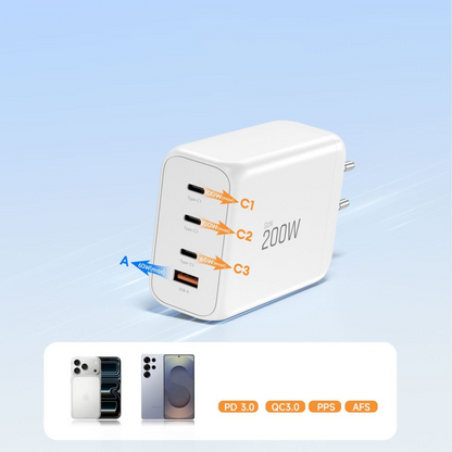 Nettlader Tech-Protect NC200W-GAN, 200W, 5A, 1 x USB-A - 3 x USB-C, Hvit