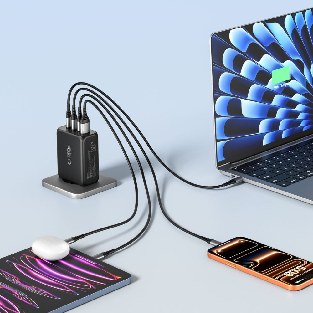 Nettlader Tech-Protect NC200W-GAN, 200W, 5A, 1 x USB-A - 3 x USB-C, Svart