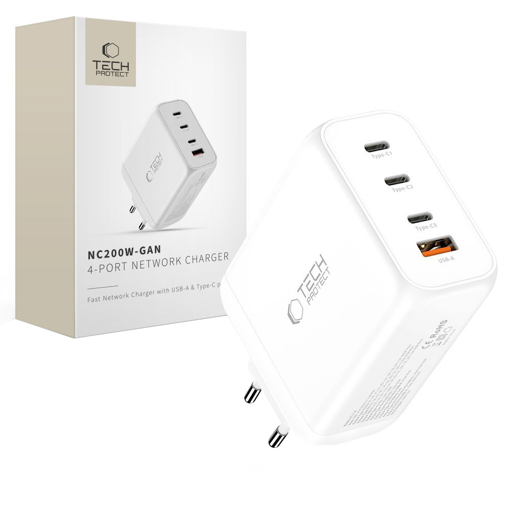 Nettlader Tech-Protect NC200W-GAN, 200W, 5A, 1 x USB-A - 3 x USB-C, Hvit