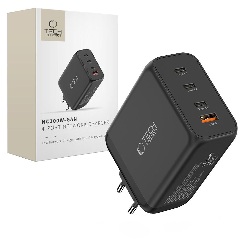 Nettlader Tech-Protect NC200W-GAN, 200W, 5A, 1 x USB-A - 3 x USB-C, Svart
