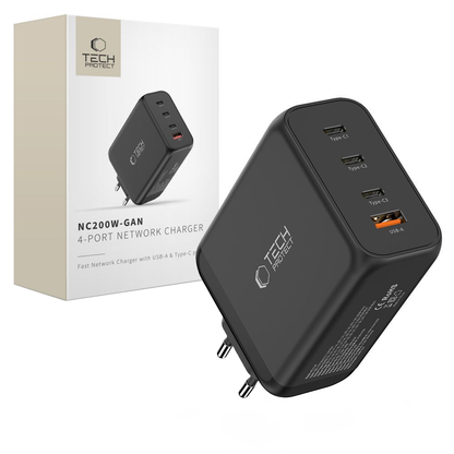 Nettlader Tech-Protect NC200W-GAN, 200W, 5A, 1 x USB-A - 3 x USB-C, Svart