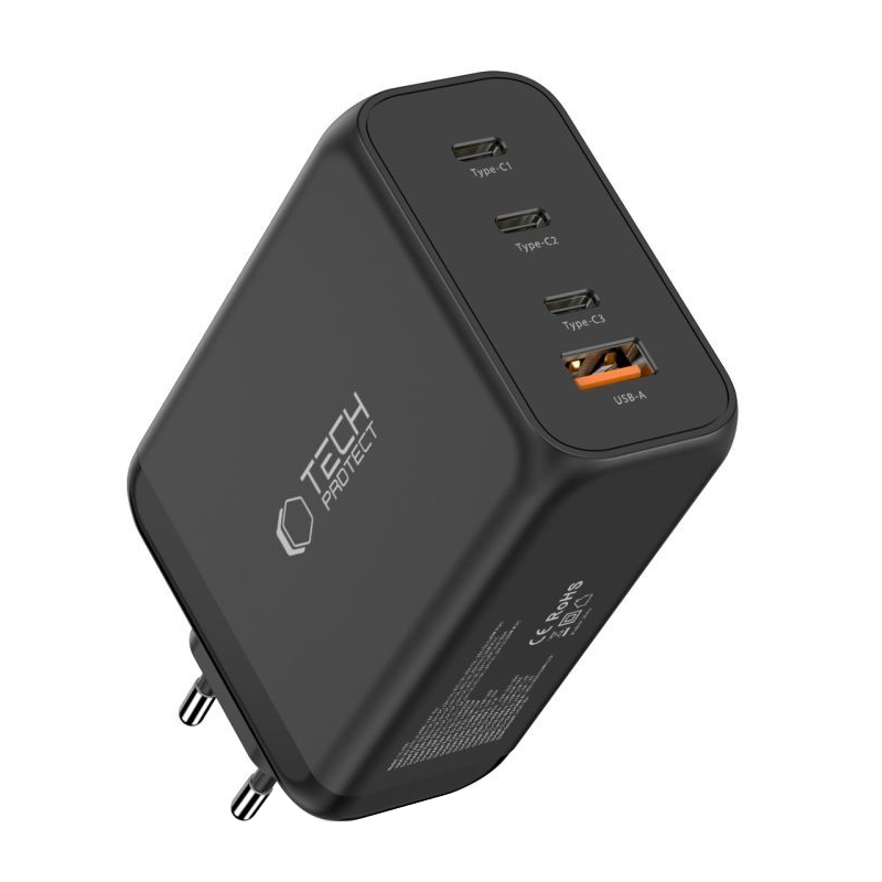 Nettlader Tech-Protect NC240W-GAN, 240W, 5A, 1 x USB-A - 3 x USB-C, Svart