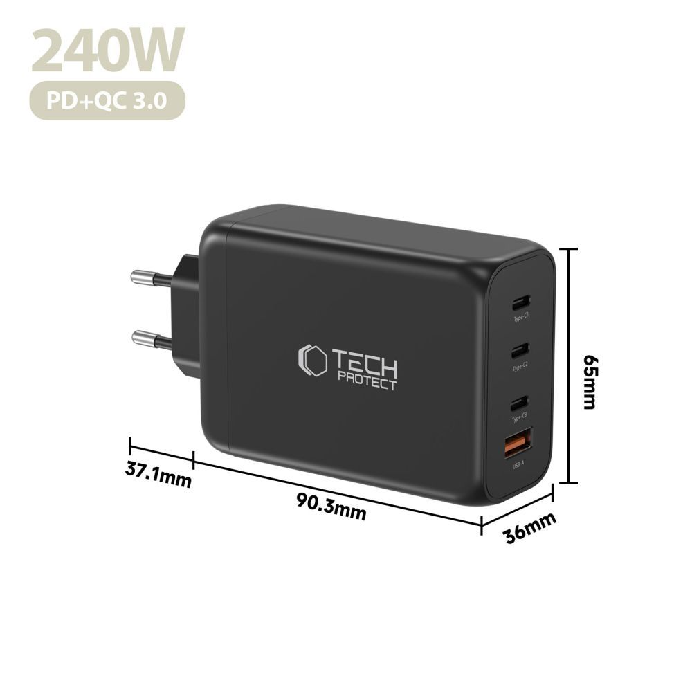 Nettlader Tech-Protect NC240W-GAN, 240W, 5A, 1 x USB-A - 3 x USB-C, Svart