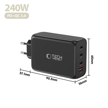 Nettlader Tech-Protect NC240W-GAN, 240W, 5A, 1 x USB-A - 3 x USB-C, Svart