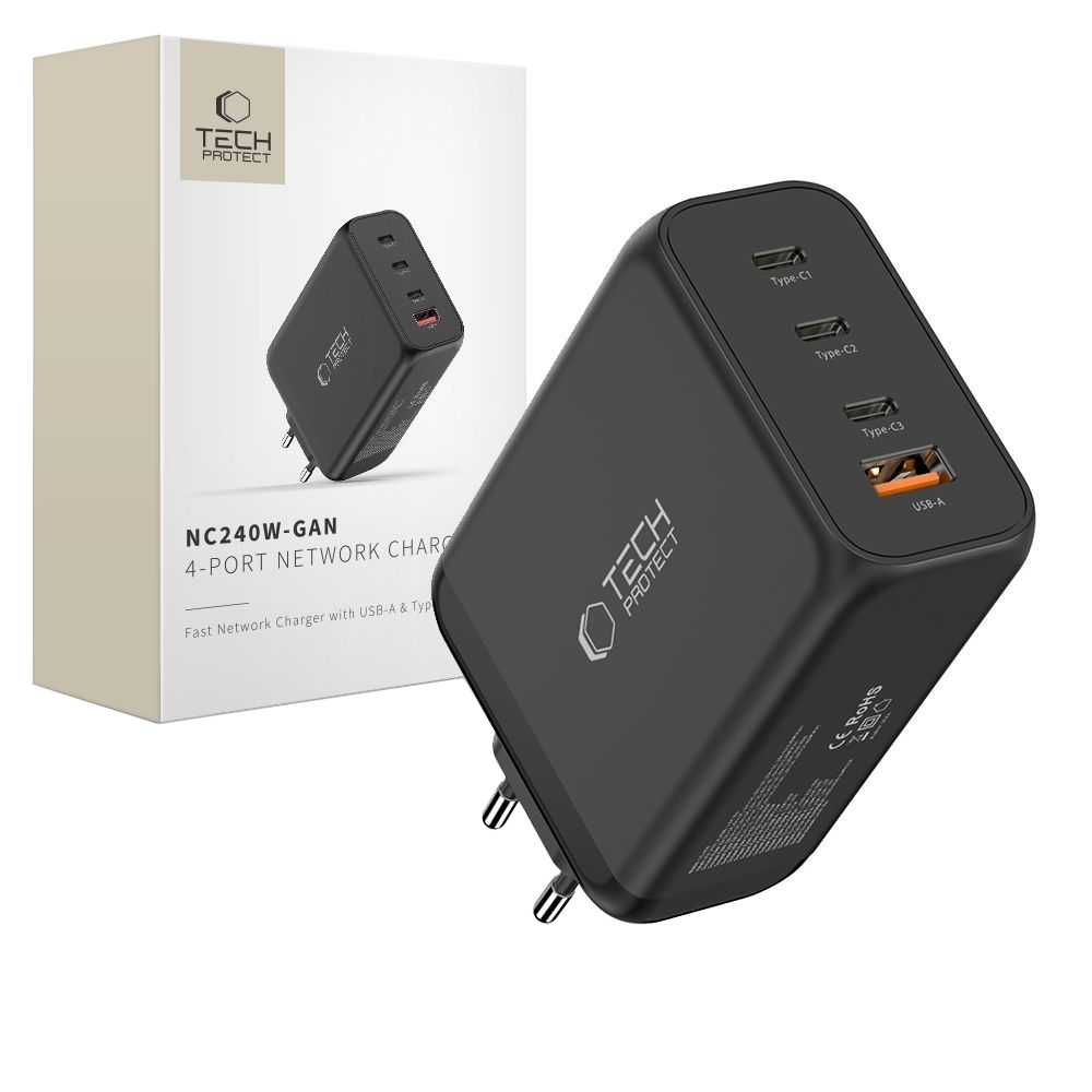 Nettlader Tech-Protect NC240W-GAN, 240W, 5A, 1 x USB-A - 3 x USB-C, Svart