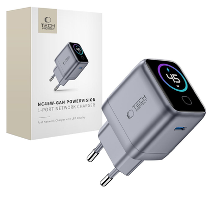 Tech-Protect NC45W Display nettadapter, 45W, 3A, 1 x USB-C, Grå