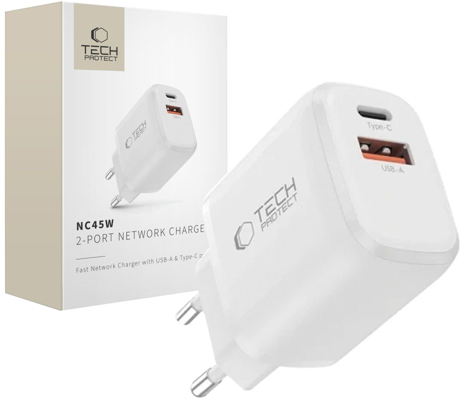 Nettlader Tech-Protect NCA45W, 45W, 3A, 1 x USB-A - 1 x USB-C, Hvit