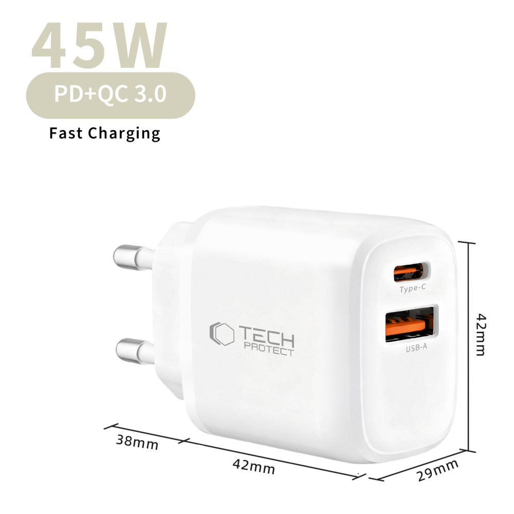 Nettlader Tech-Protect NCA45W, 45W, 3A, 1 x USB-A - 1 x USB-C, Hvit