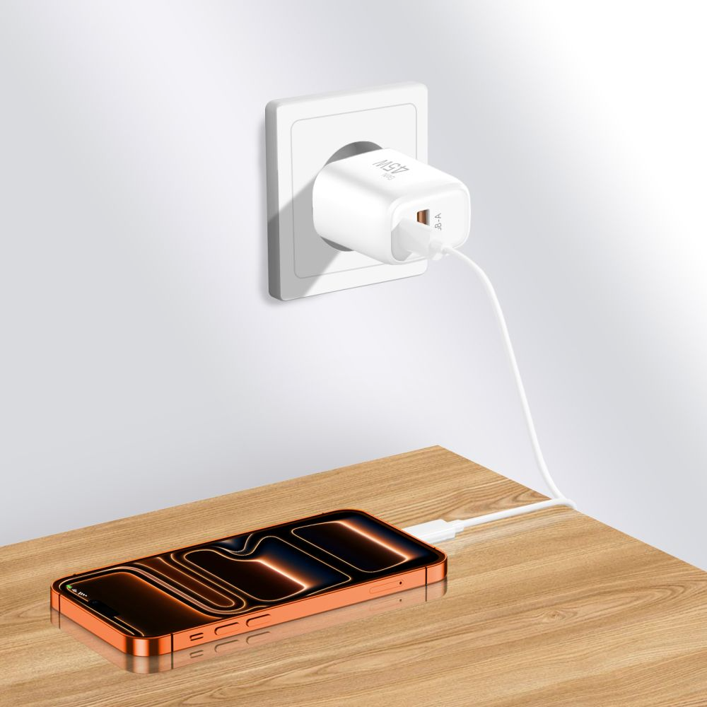 Nettlader Tech-Protect NCA45W, 45W, 3A, 1 x USB-A - 1 x USB-C, Hvit