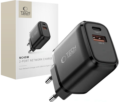 Nettlader Tech-Protect NCA45W, 45W, 3A, 1 x USB-A - 1 x USB-C, Svart