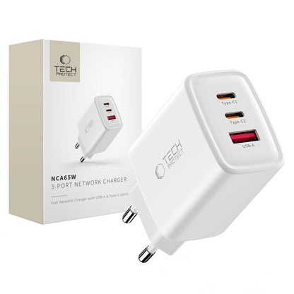 Nettlader Tech-Protect NCA65W, 65W, 3A, 1 x USB-A - 2 x USB-C, Hvit