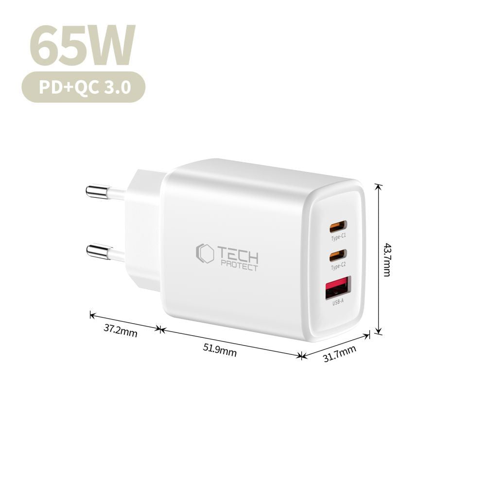 Nettlader Tech-Protect NCA65W, 65W, 3A, 1 x USB-A - 2 x USB-C, Hvit