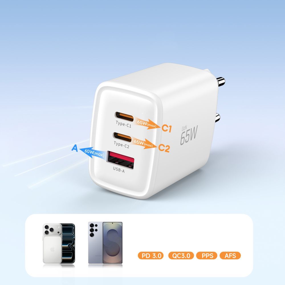 Nettlader Tech-Protect NCA65W, 65W, 3A, 1 x USB-A - 2 x USB-C, Hvit