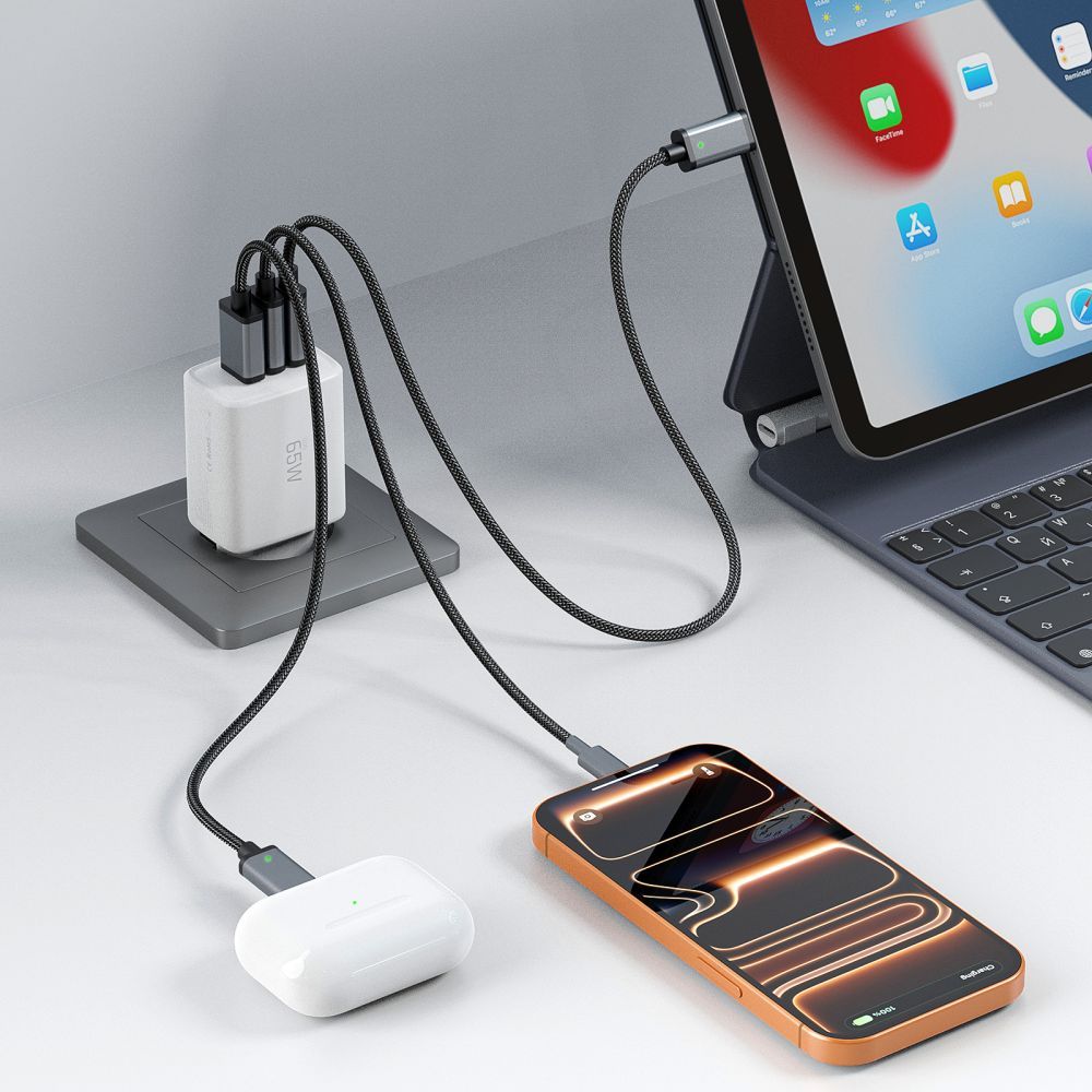 Nettlader Tech-Protect NCA65W, 65W, 3A, 1 x USB-A - 2 x USB-C, Hvit